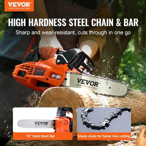25.4 CC 2Cycle Top Handle Gas Powered Chainsaw 12 Inch Petrol Handheld Cordless Chain Saw for Tree Wood Cutting
