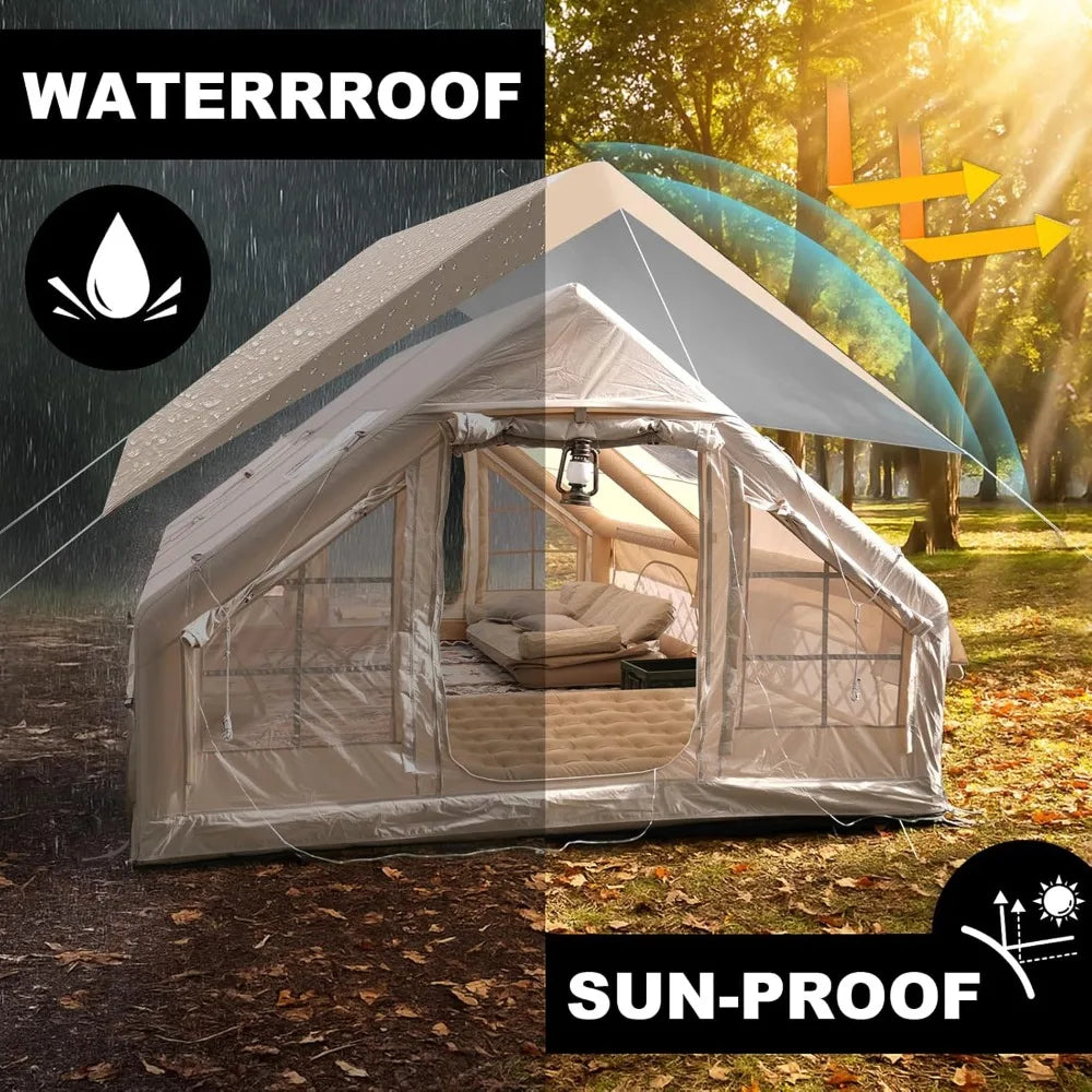 Large Inflatable Tents  4 Season Blow Up Tent with Rainfly, Waterproof & Sunproof, Luxury Inflatable House with Stove Jack