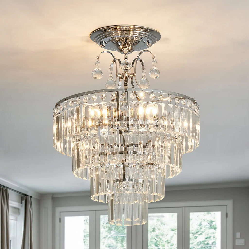 Modern Silver Crystal Ceiling Light, Dimmable K9 Crystal Ceiling Light- Living Room/Bedroom/Kitchen Island/Hallway/Dining Room