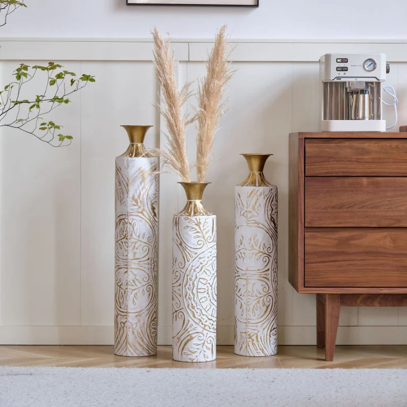 Home Decoration Set 3 White Glazed Metal Floor Vases 24in/28.7in/33.5in Height Elegant Living Room Decor Shipping From USA