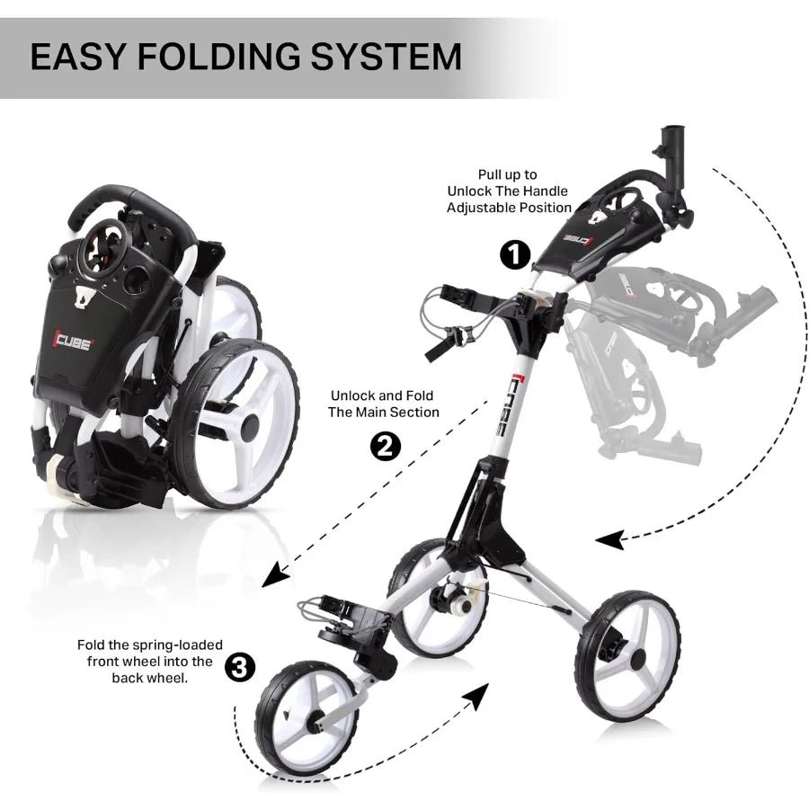 CUBE CART 3 Wheel Push Pull Golf CART for Easy Transportation and Storage - Two Step Open/Close Mechanism - The Smallest Foldin