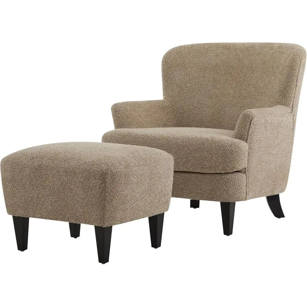 Accent Chair and Ottoman Set, Living Room/Bedroom Wooden Comfy Reading Chair with Footrest Stool, Boucle Upholstered Wingback Si