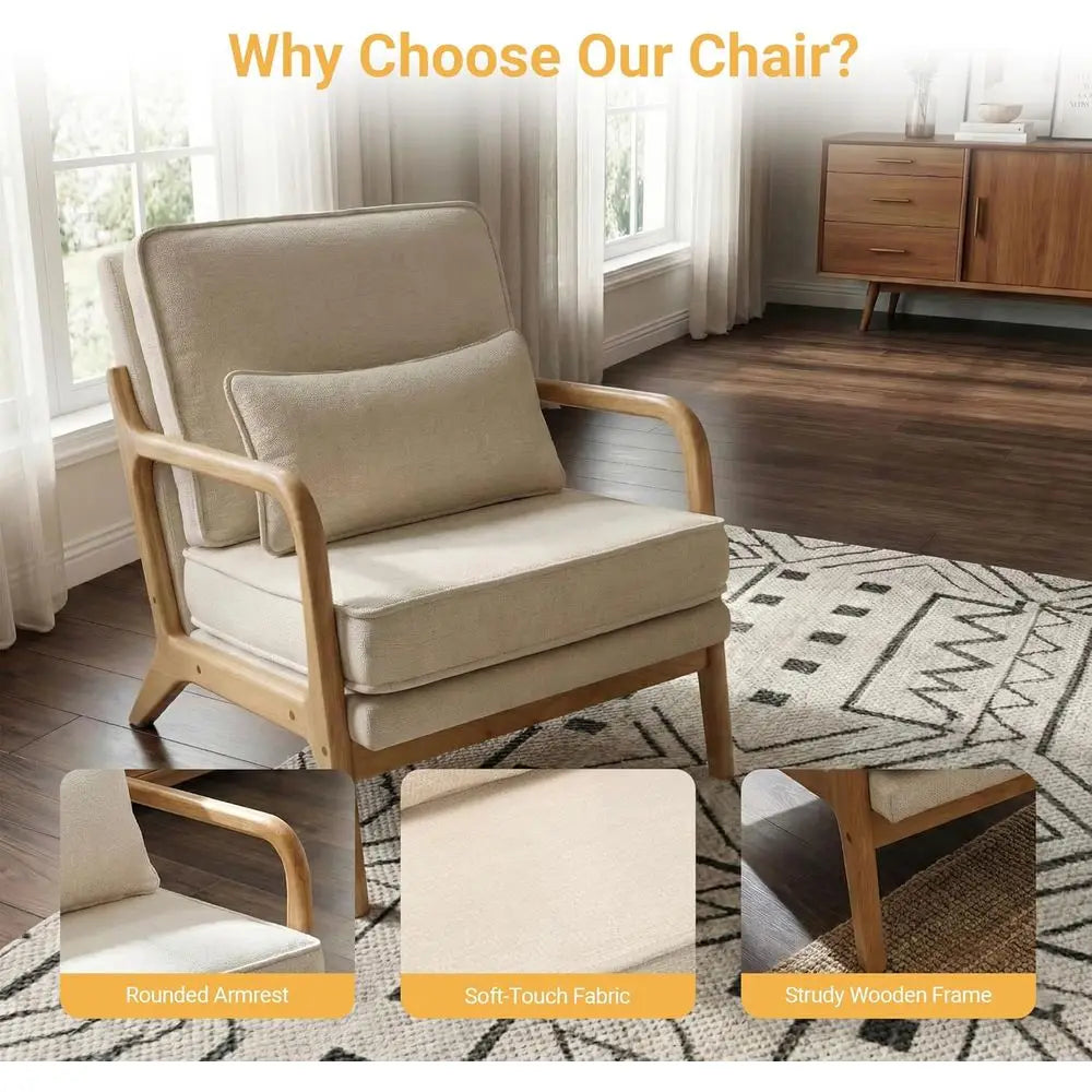 Modern Accent Chair Mid Century Wooden Upholstered Armchair with Lumbar Pillow & Removable Soft Cushion, Reading Chair for Livin