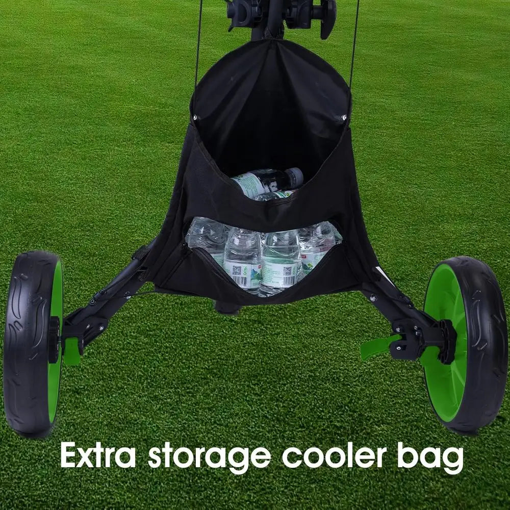 Compact Lightweight Golf Push Cart with Cooler, Flat Fold Trolley, Brake, and Cup Umbrella Holder
