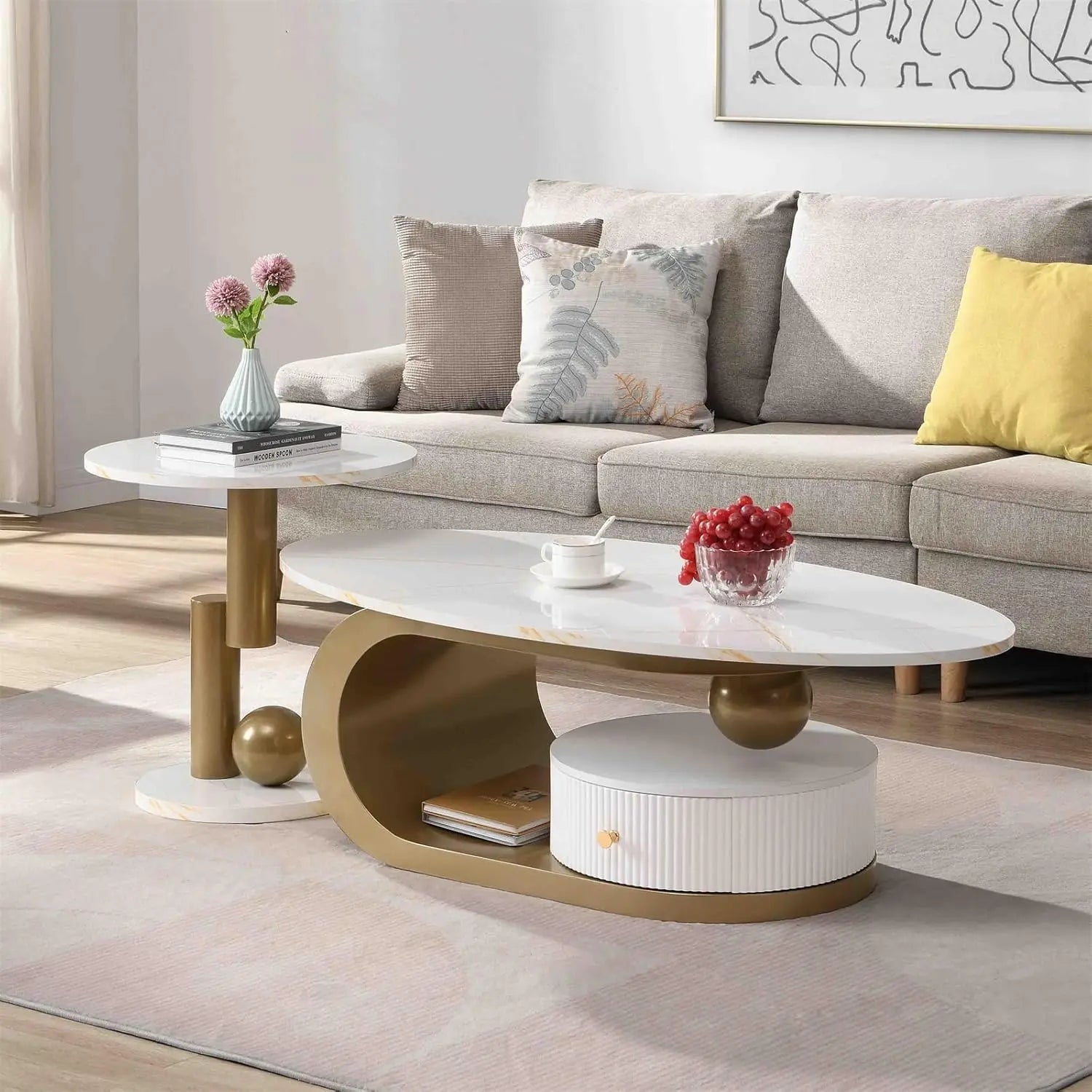 2 Piece Living Room Set, Modern Nest Coffee Table Set of 2, Faux Marble Tabletop Oval Coffee and End Table Set with Gold Iron Ge