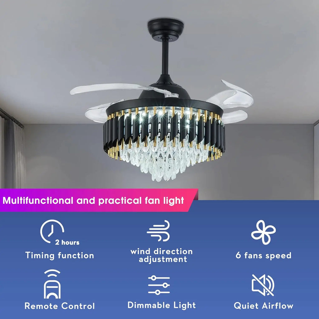 42 Inch Dimmable Crystal Ceiling Fans with Light Modern Chandelier Fan LED Fandelier with Remote 6 Speed, 3 Light Change Retract