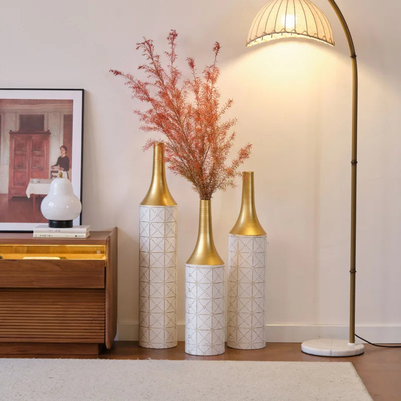 Set Of 3  Metal Vases Home Decoration White Glazed 24in/28.7in/33.5in Gorgeous Home Living Room Floor Decor Large Iron Vases USA