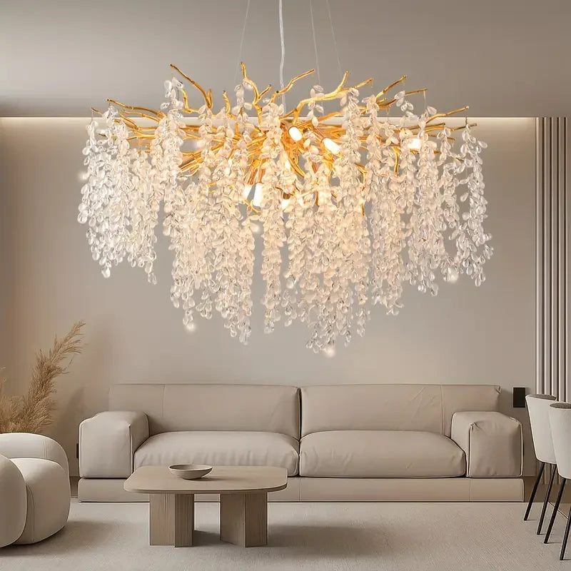 Modern golden crystal pendant light, 23.62 inch dimmable hanging raindrop pendant light, suitable for living rooms/entrances