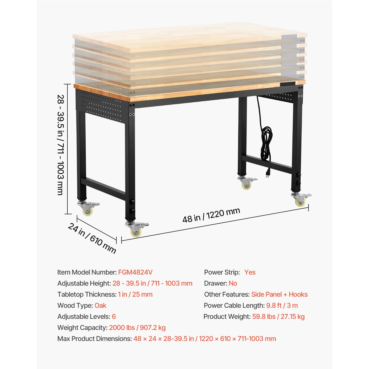SucceBuy 2000LBS Adjustable Workbench Mutisize Work Bench with Power Outlet & Wheels Oak Wood Top Work Table for Garage Workshop