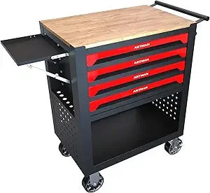 36" Tool Box with Wheels 4 Drawers Rolling Tool Cart, Wooden Top Workbench, 660lbs Total load Tool Cabinet with Locked Drawers S