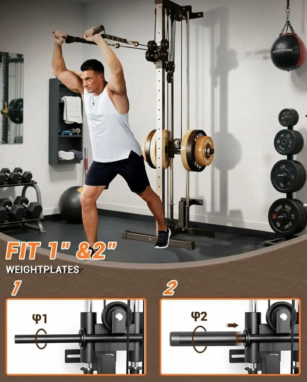 Wall Mount Cable Station, 18 Position Height Adjustable LAT Pulldown Machine with Dual Pulley System, Cable Crossover Machine