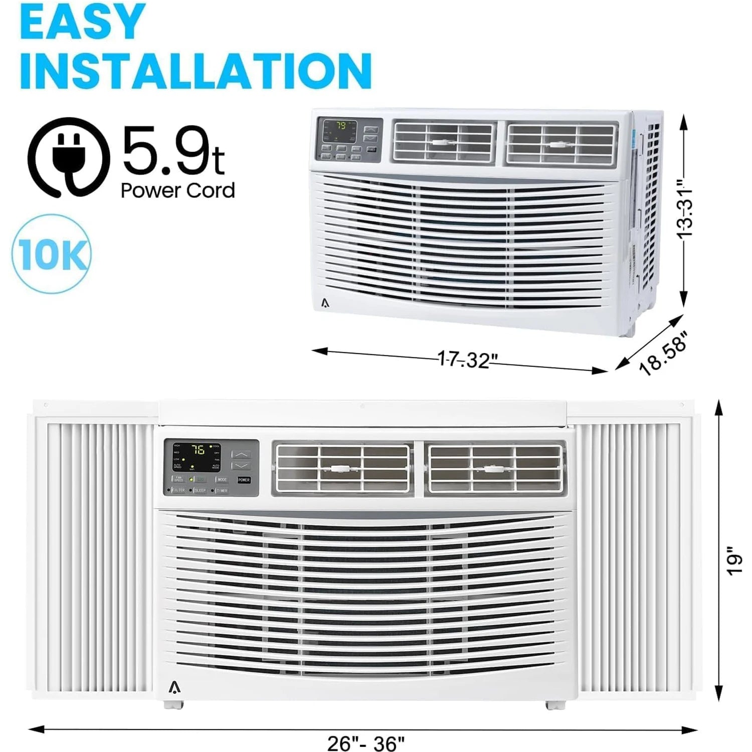 6000/8000/10000 BTU Window Air Conditioner Cools 250-450 Sq.Ft Window AC Unit With Remote Control 3 Speeds For Home Commercial