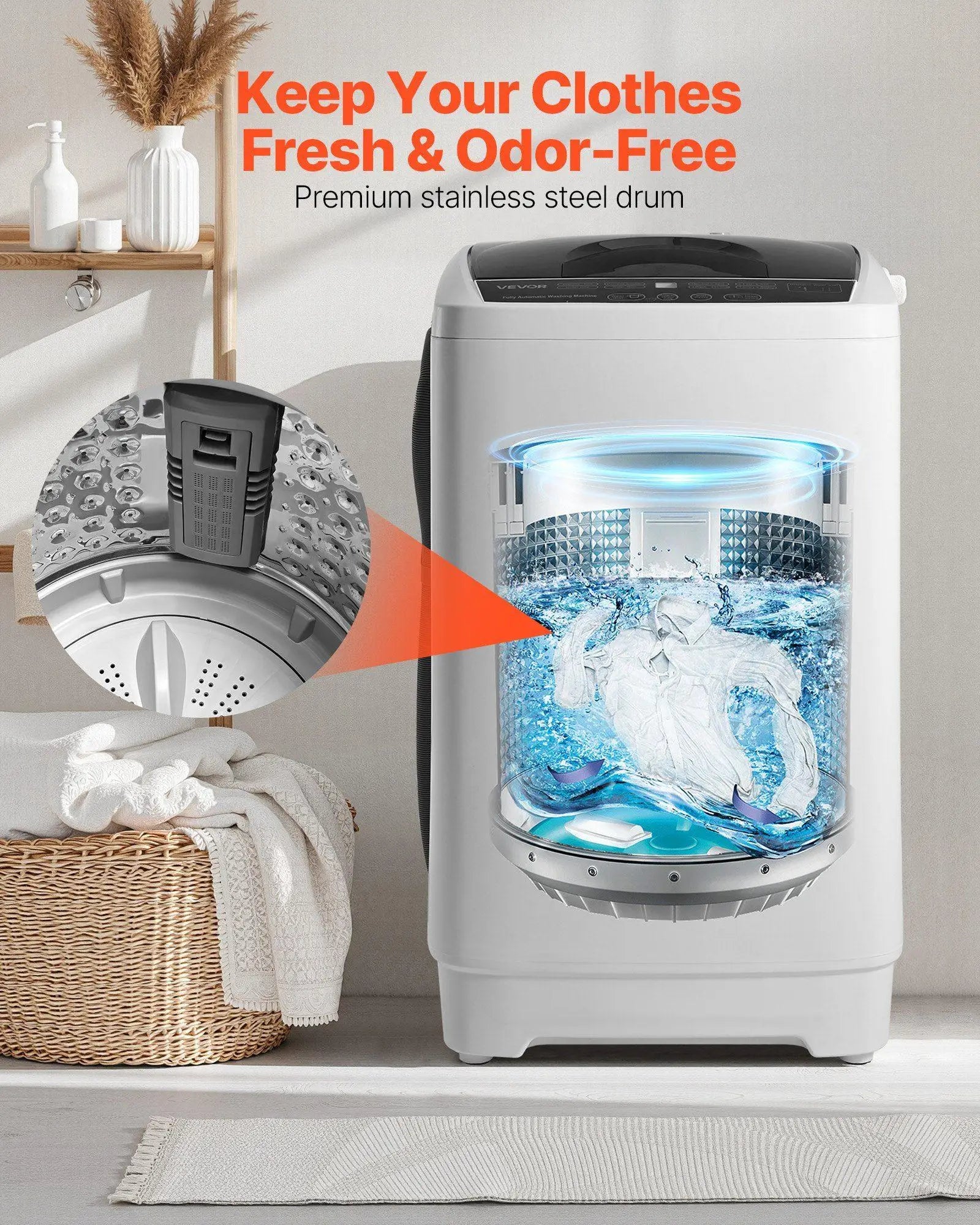 Portable Top-Load Washer 1.3cu.ft, 8 Modes, 6 Levels, LED Display, Stainless Tub, 9.92lbs Capacity