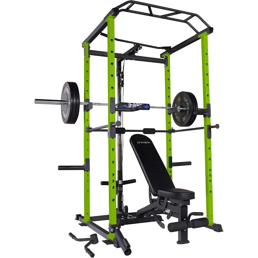 100lb Green Home Gym Set Multi-functional Power Cage Home Adjustable Pullup Squat Rack 1000Lbs Capacity Comprehensive Fitness B