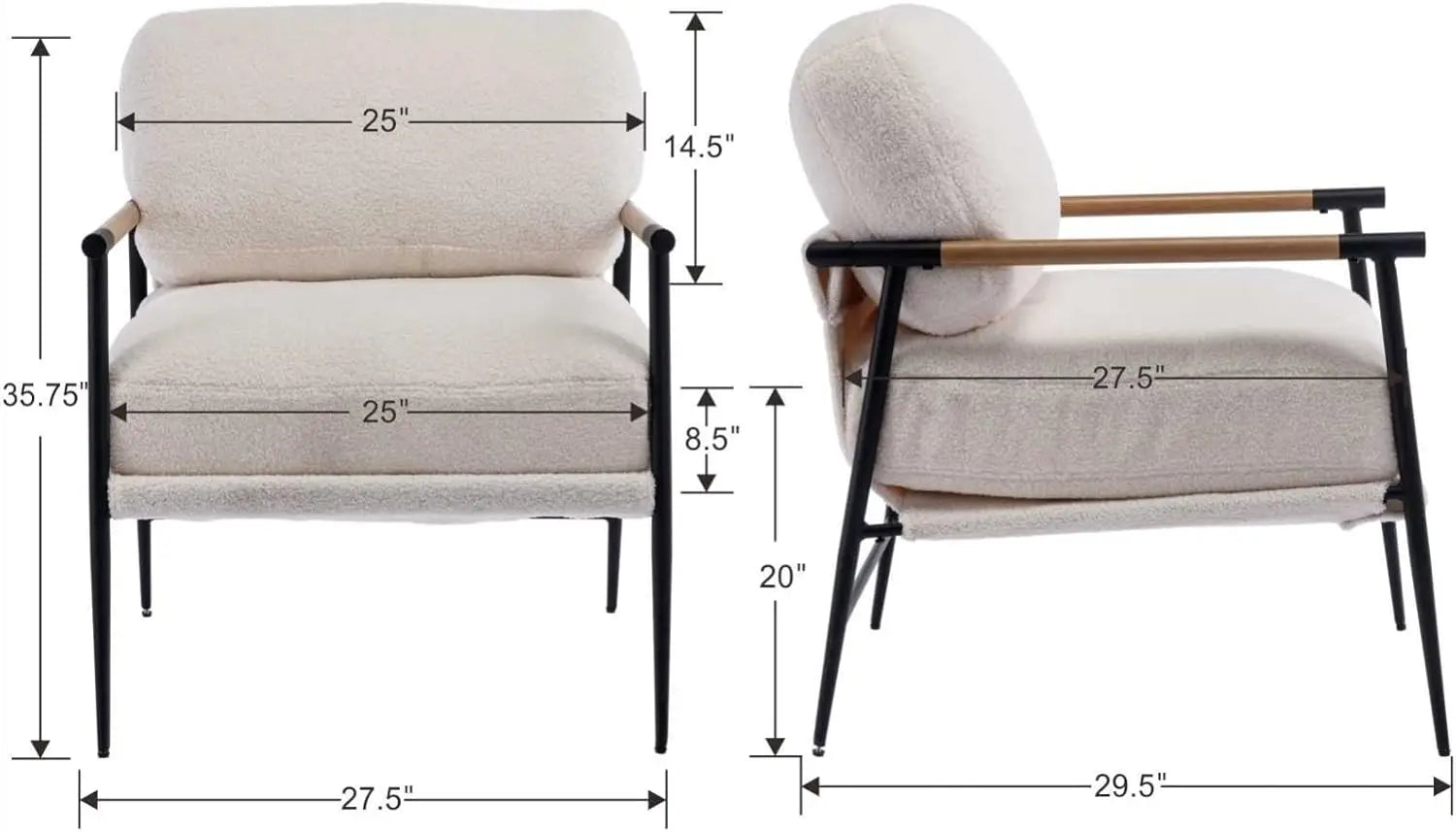 Mid-Century Accent Chair, Soft Armchair Sherpa Fabric Lounge Chair with Black Metal Legs, Upholstered Leisure Chair for Living R