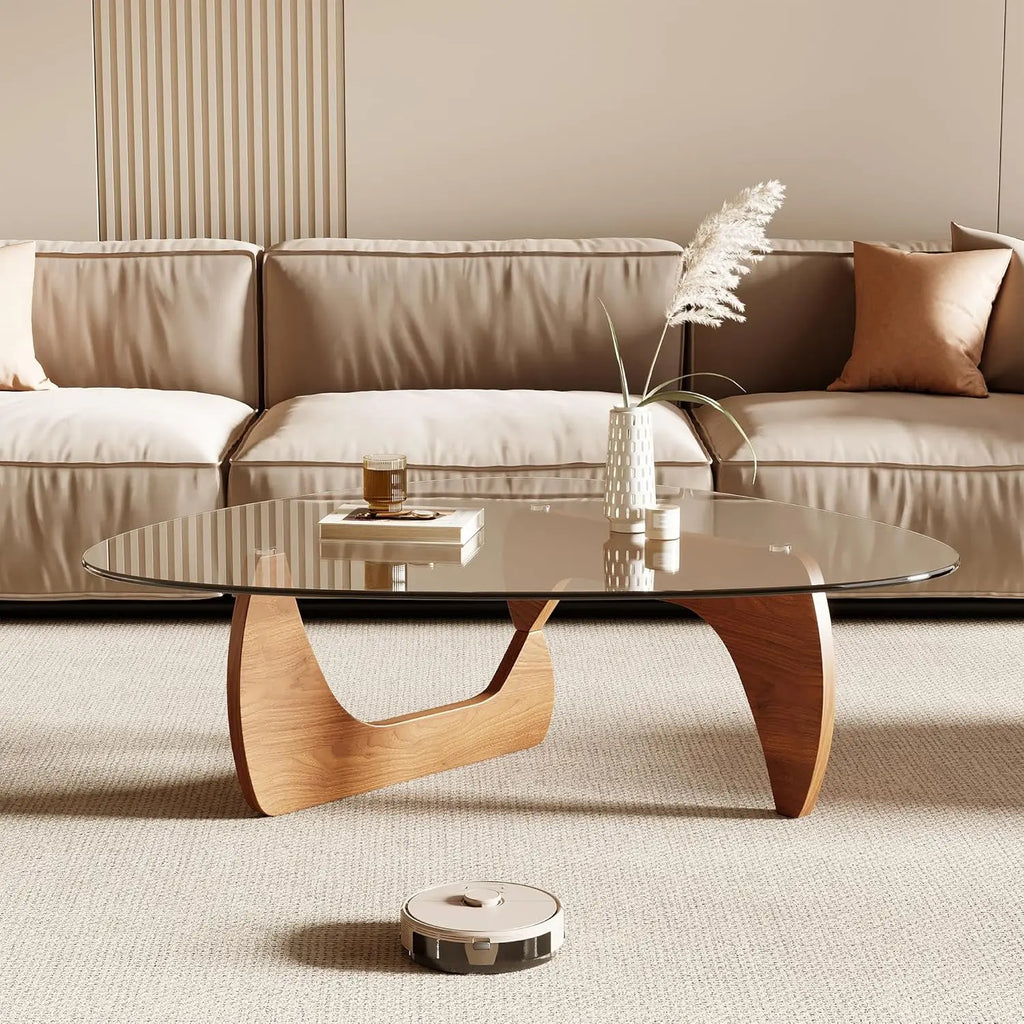 Morden Coffee Table, 42.5" x 28.5" x 16.1" Triangle Tempered Glass Top for Living Room, Color: Natural Wood