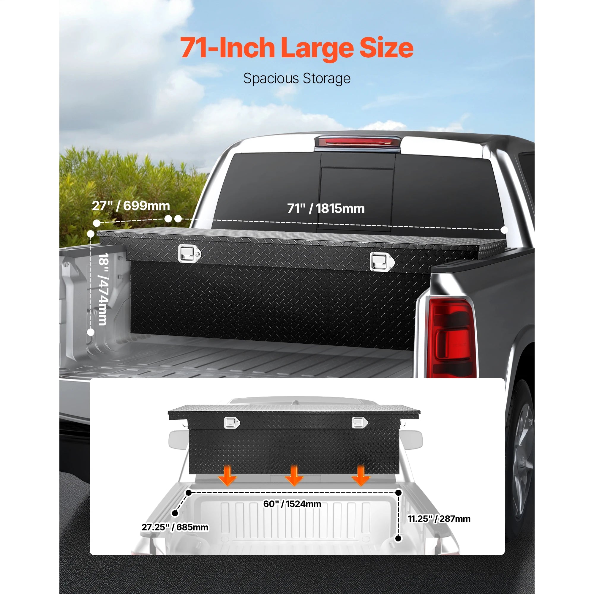 SucceBuy Crossover Truck Tool Box 71x27x18 In Heavy Duty Aluminum Waterproof Storage Organizer with Lock for Truck RV Trailer
