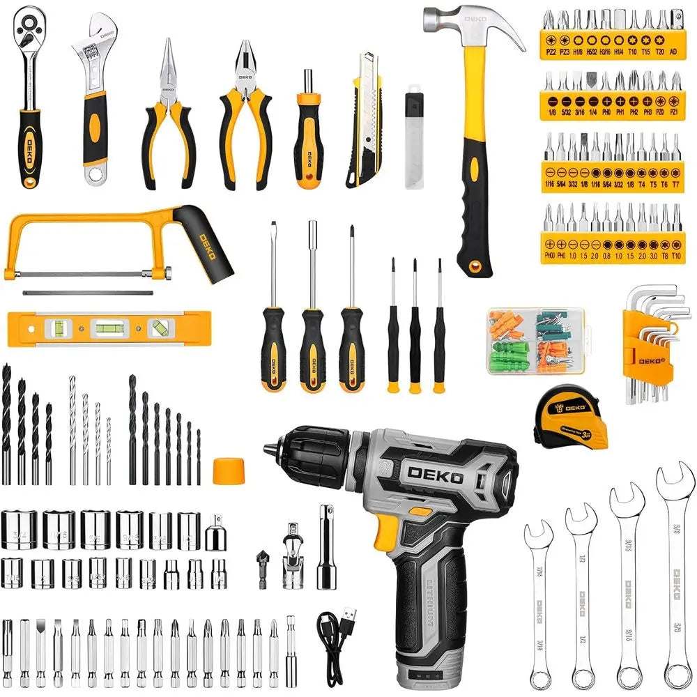 Tool Kit Box Drill Set：Home Mechanic Toolbox with 12V Power Cordless Drill Hand Repair Tools Sets Combo Kits Storage Organizer D
