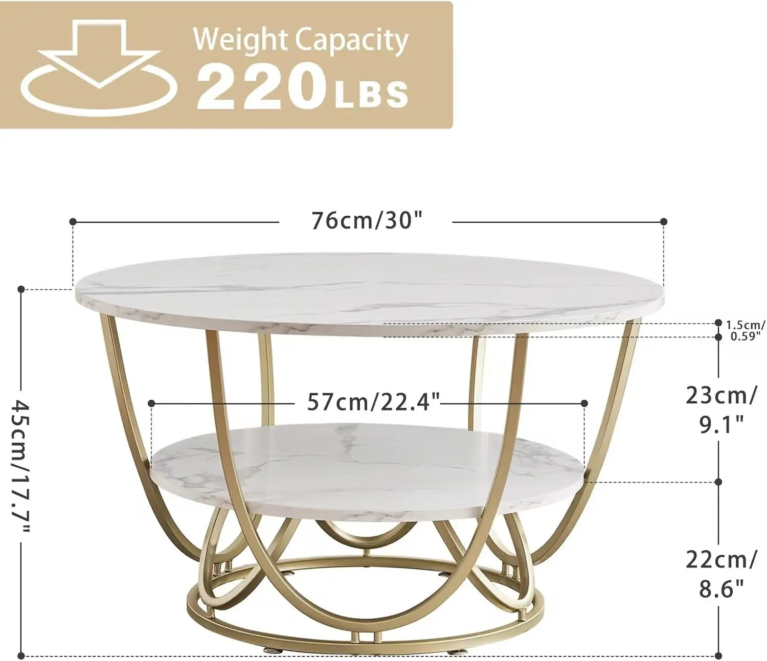30 Inch Modern Round Coffee Table with Storage, White Marble Print Top and Gold Frame for Living Room