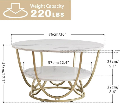 30 Inch Modern Round Coffee Table with Storage, White Marble Print Top and Gold Frame for Living Room