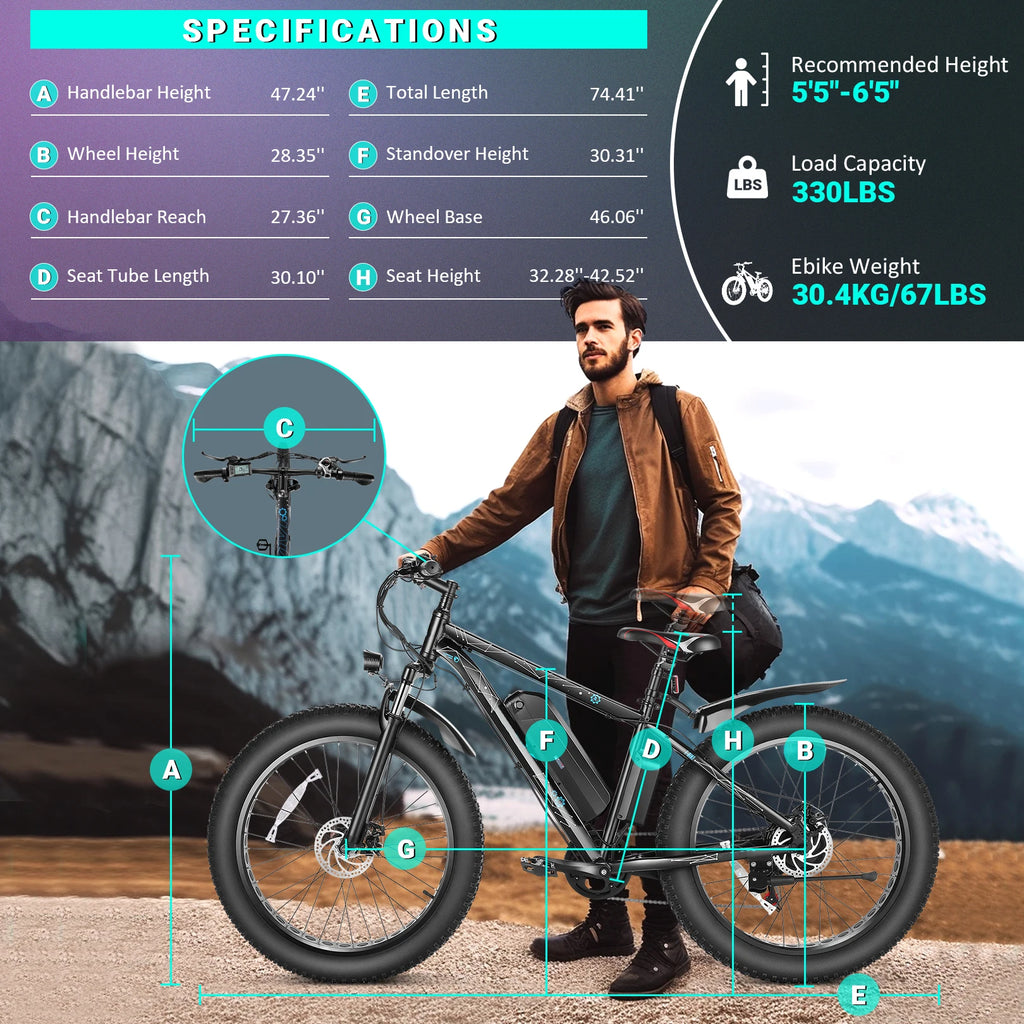 Vivi F26FUL 26" x 4.0 Fat Tire Electric Bike with 500W Motor, 48V 13Ah Removable Battery, 7 Speed, 25MPH, Cruise Control