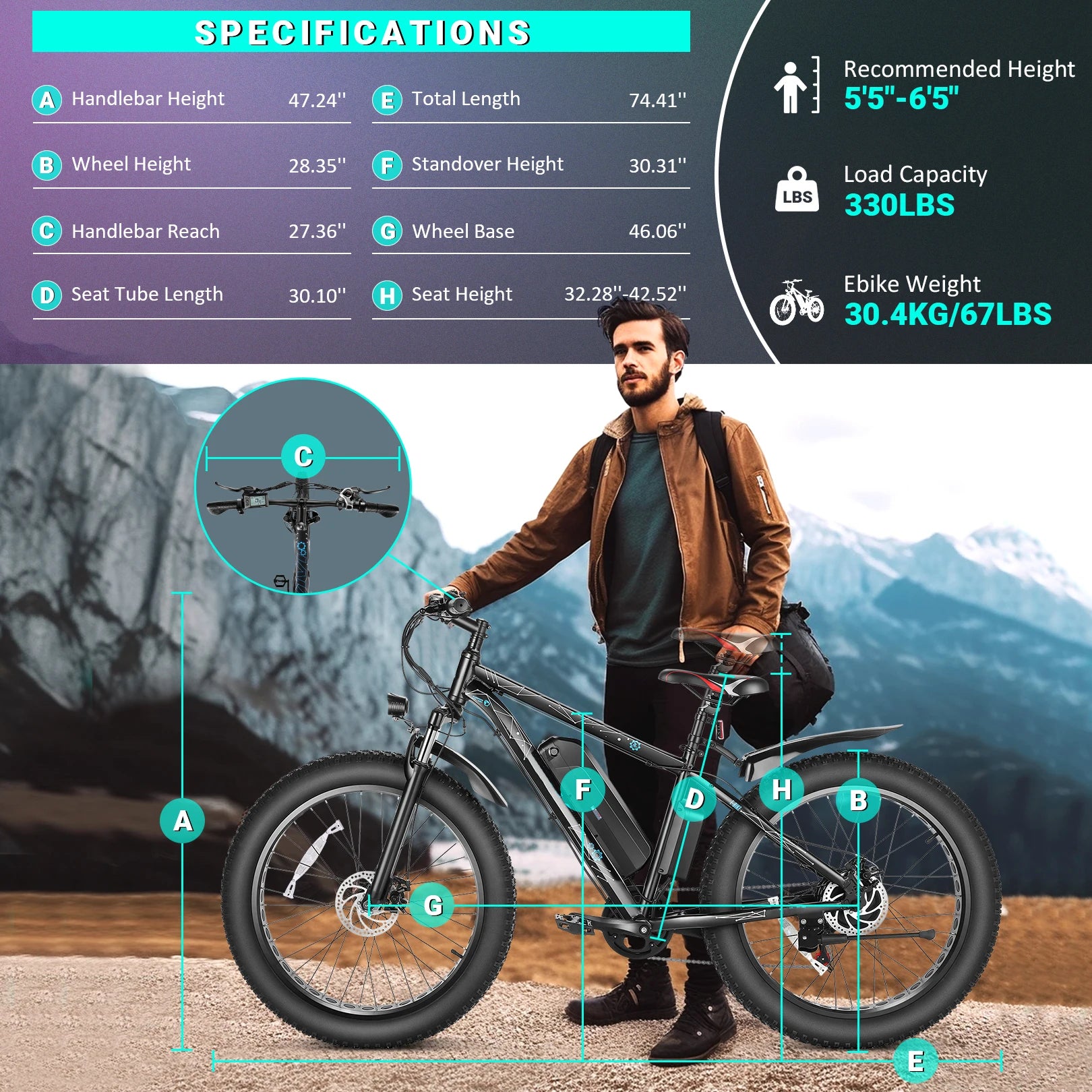 Vivi F26FUL 26" x 4.0 Fat Tire Electric Bike with 500W Motor, 48V 13Ah Removable Battery, 7 Speed, 25MPH, Cruise Control