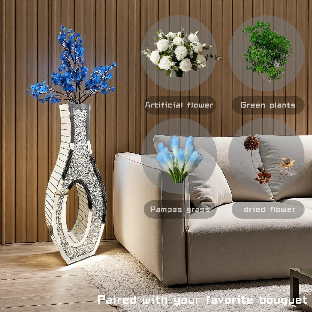 Pair of 30-Foot Tall Crushed Diamond Effect Floor Vases - Large Silver Mirrored Crystal Vases for Living Room Decor
