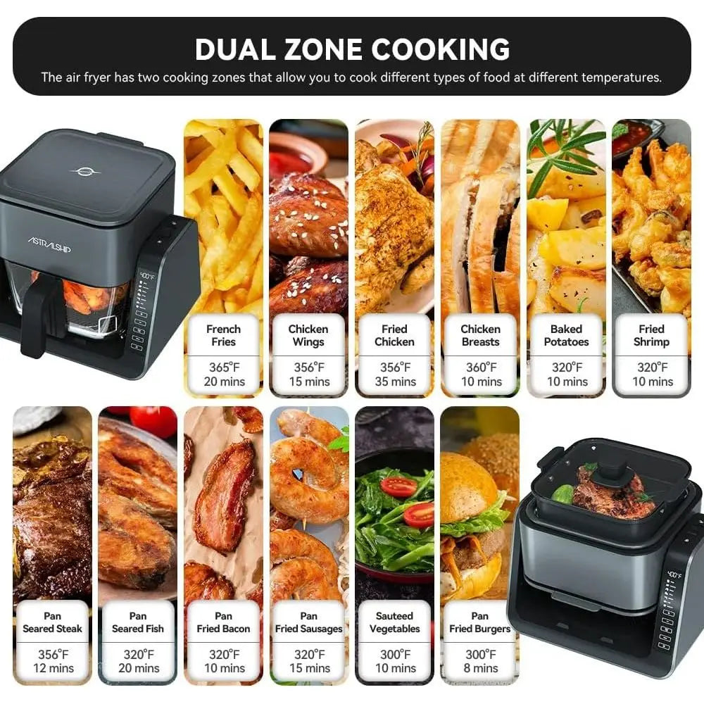 Glass Air Fryer & Grill Combo, Non-Toxic Rice, 360° Visible Cooking, 7 Presets, Compact for 1-2 People, 5.5QT Capacity, Dishwash