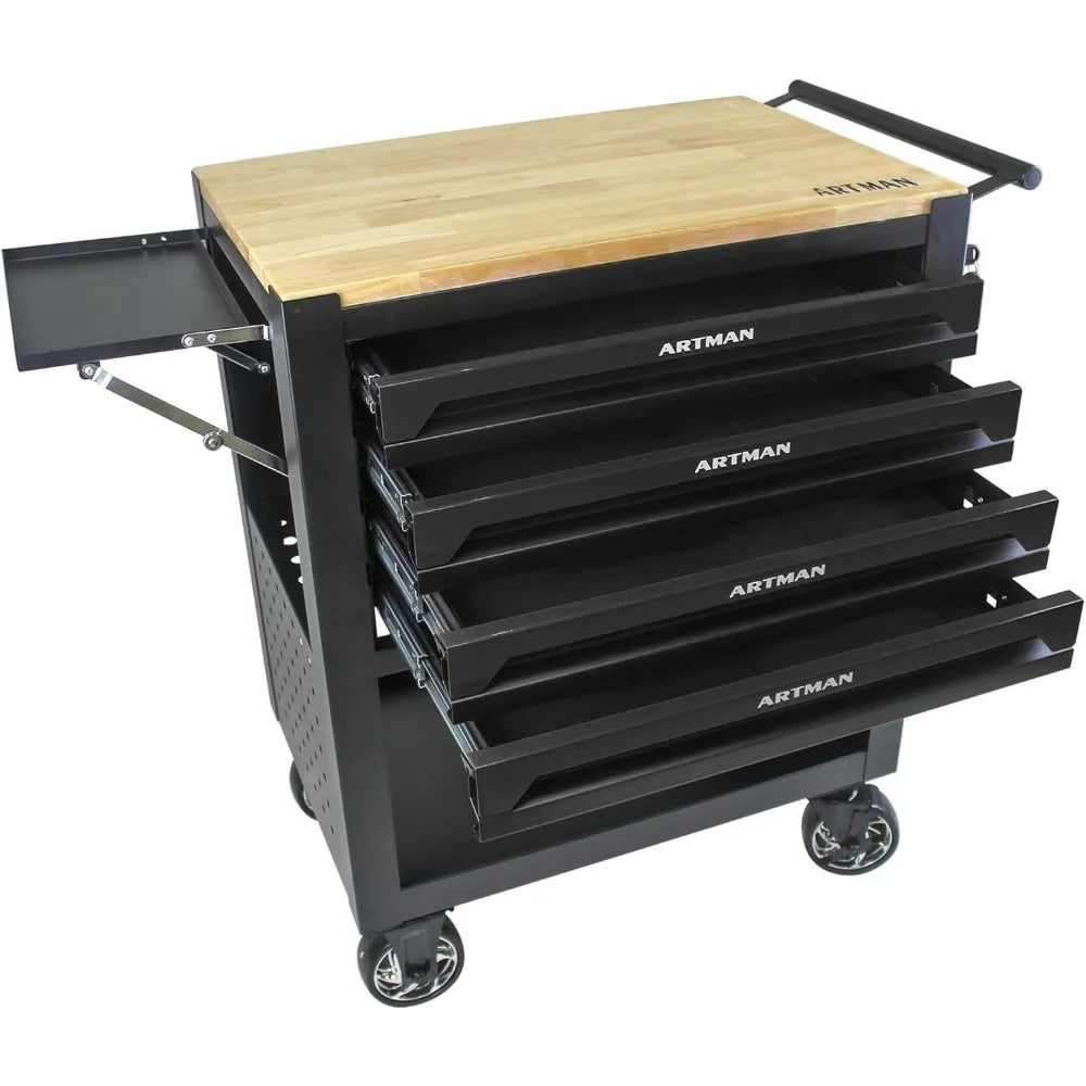 36" Tool Box with Wheels 4 Drawers Rolling Tool Cart, Wooden Top Workbench, 660lbs Total load Tool Cabinet with Locked Drawers S