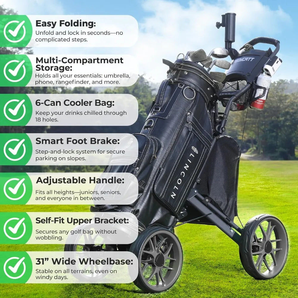 4 Wheel Golf Push Cart: Lightweight Compact Folding Golf Trolley, Pull Behind Manual Golf Caddy with Cup, Phone & Umbrella