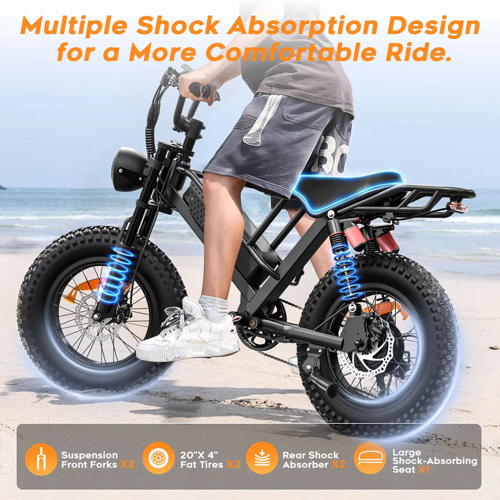 Spacewalk Mountain Electric Bike , 20" Fat Tire Ebike, Wider Seat 750W Peak Motor, Removable Battery, 4X Suspension Ebike
