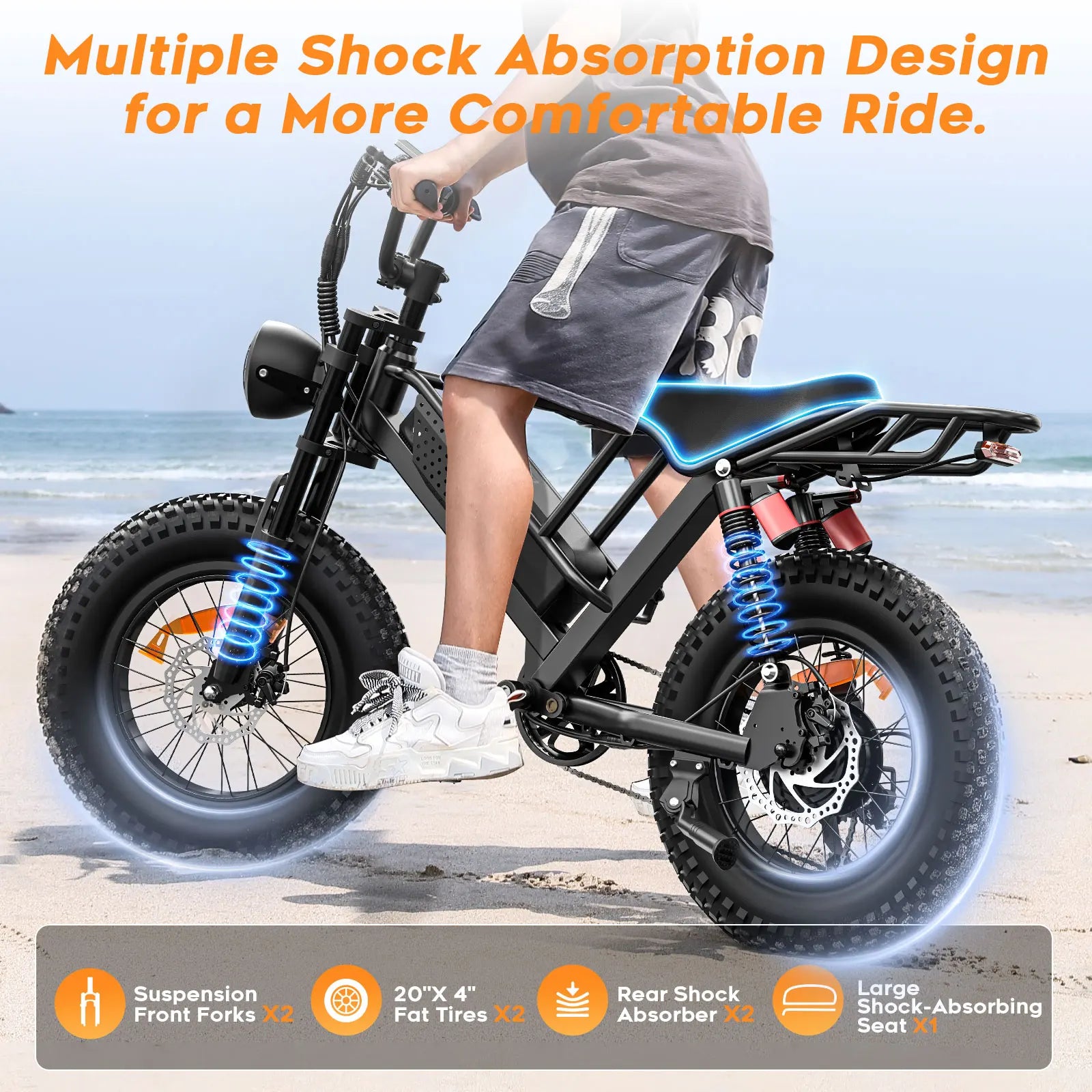 Spacewalk Mountain Electric Bike , 20" Fat Tire Ebike, Wider Seat 750W Peak Motor, Removable Battery, 4X Suspension Ebike