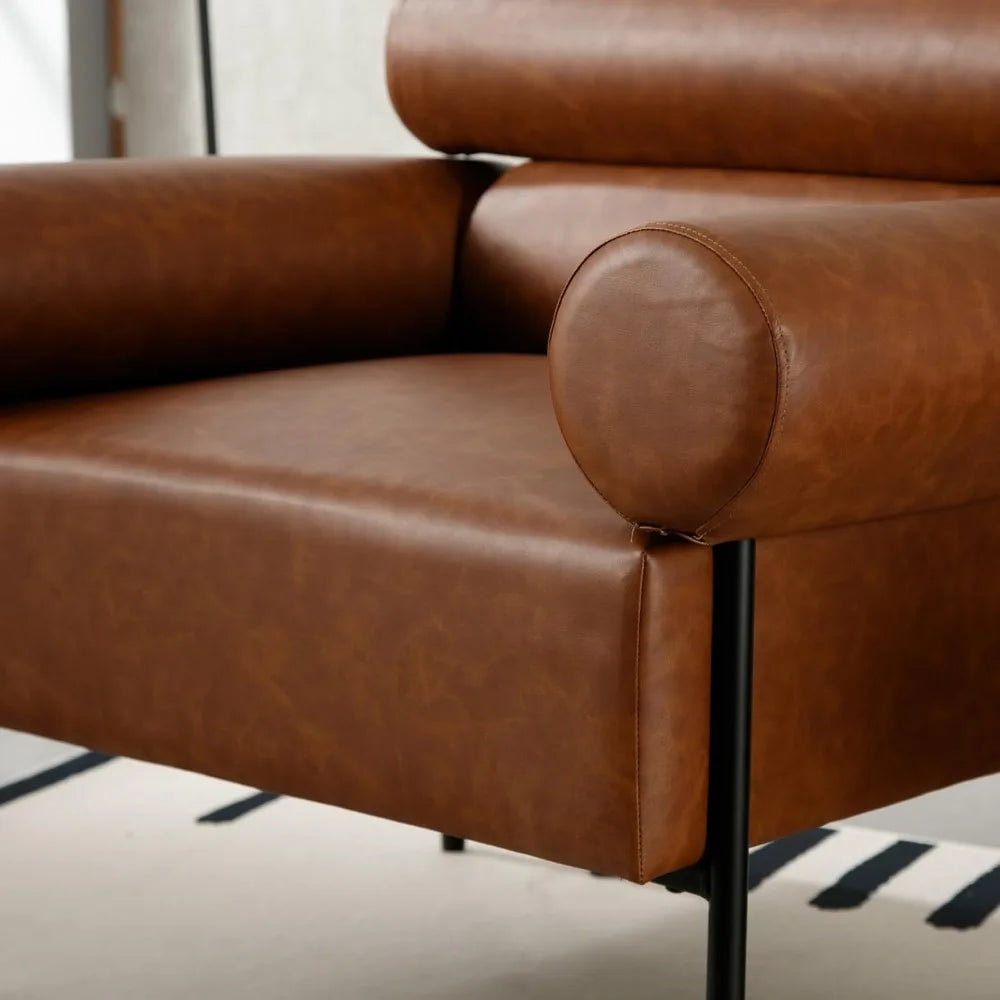 Leather Mid-Century Accent Chair Armchair, Soft Lounge Chair Upholstered Oversized Leisure Chair Single Sofa for Living