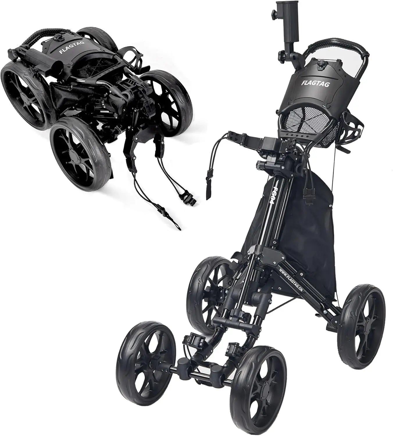 4-Wheel Folding Golf Push Cart with Adjustable Handle, Cup Holder, Umbrella Holder & Cooler Bag