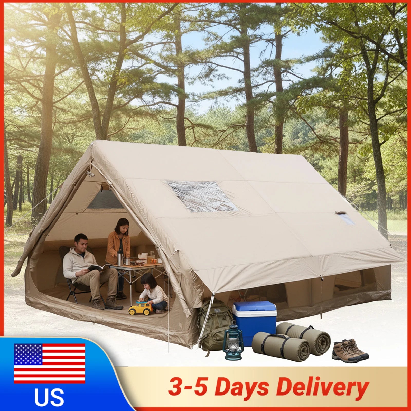 Inflatable Camping Tents with Mesh Windows & Pump 4 Season Big House 130 Square Feets with Stove Jack for Outdoor Hiking Camping