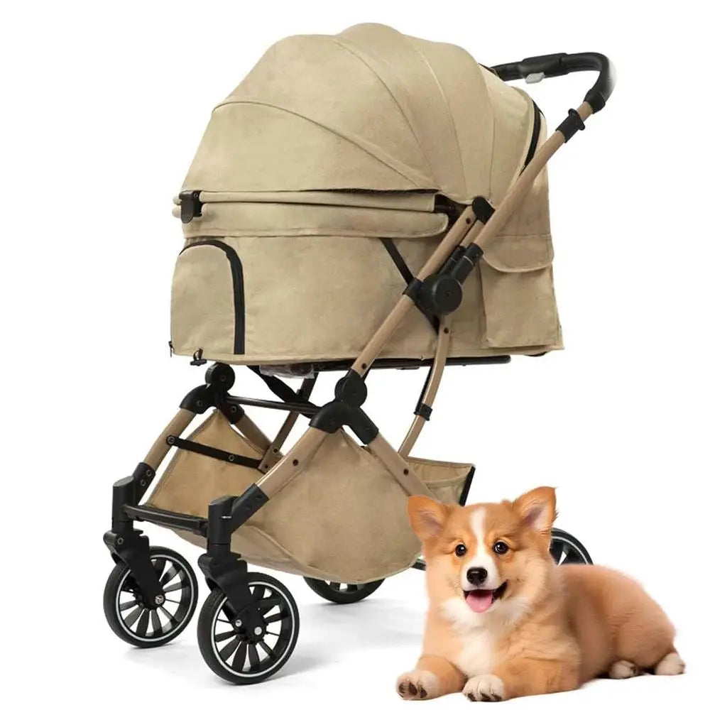 4-Wheel Pet Stroller with Sunshade, Storage, and Safety Belt for Small to Medium Dogs and Cats, Khaki