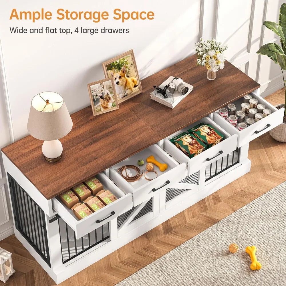 Large Dog Crate Furniture for 2 Dogs, 71 Dog Kennel Indoor with Removable Divider and 4 Storage Drawers, Sturdy Wooden