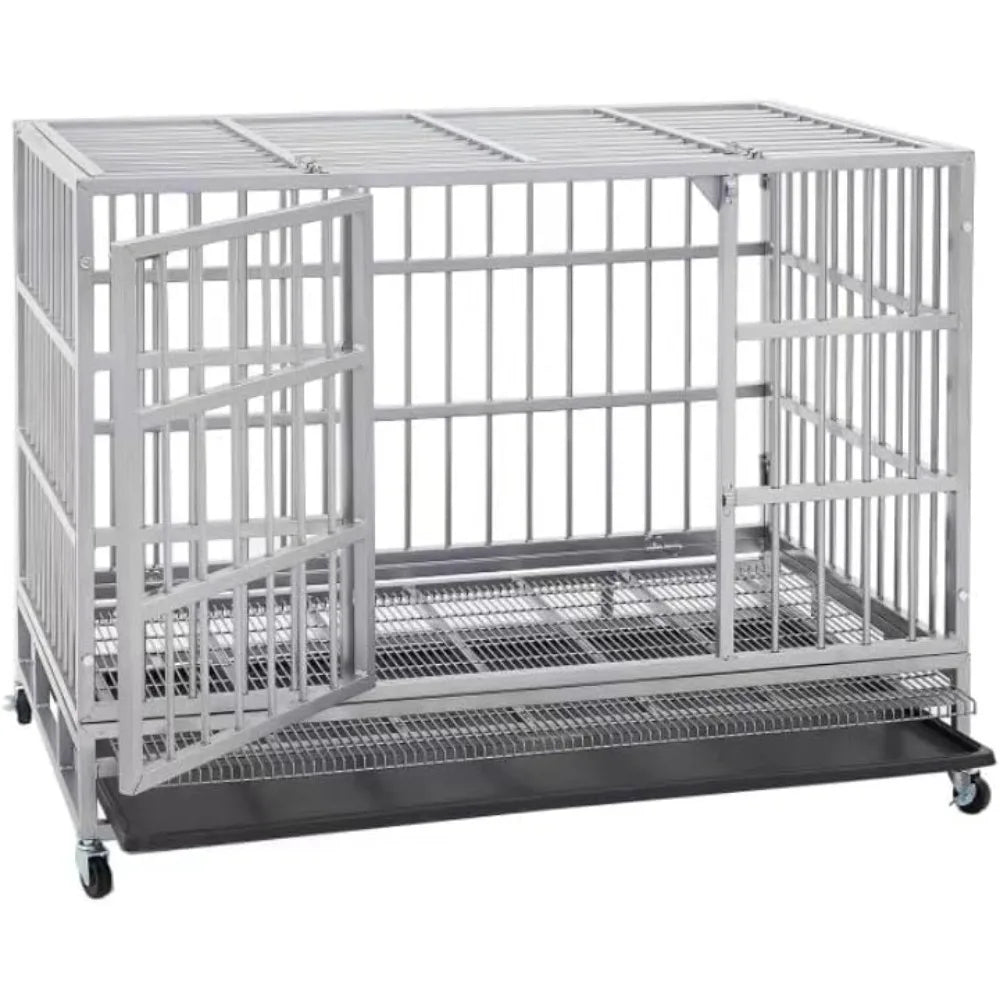 54/48/42/38 inch heavy duty dog crate cage with wheels, indestructible and escape proof steel kennel indoor for high anxiety dog