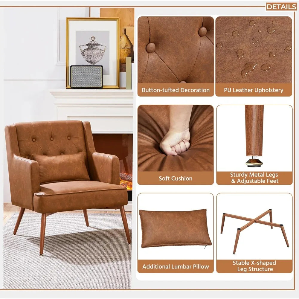 Yaheetech Accent Chair, Living Room Chair Mid Century PU Leather Armchair Lumbar Pillow, Comfy Upholstered Reading Chair Wood Le