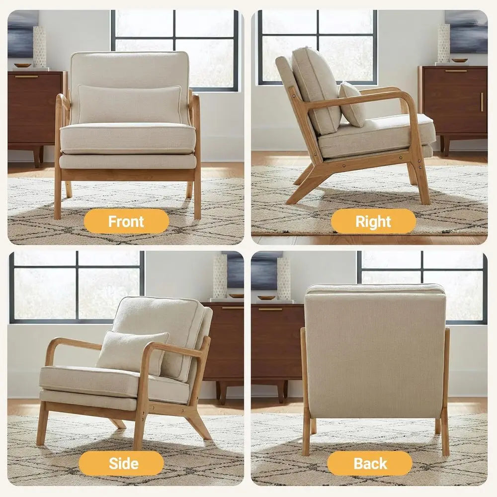 Modern Accent Chair Mid Century Wooden Upholstered Armchair with Lumbar Pillow & Removable Soft Cushion, Reading Chair for Livin