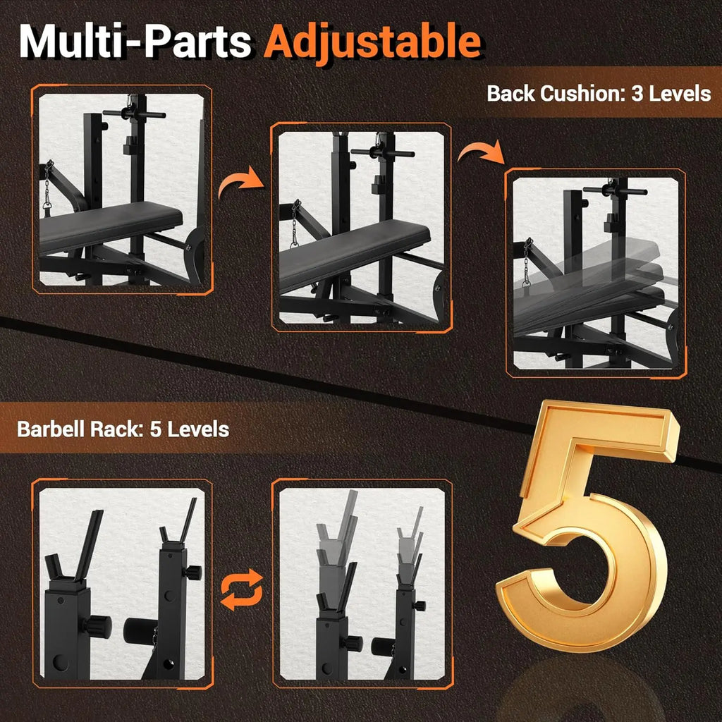 7 in 1 Strength Training Bench with Squat Rack 900 LBS Capacity Multifunctional Adjustable Foldable Workout Bench for Home Gym