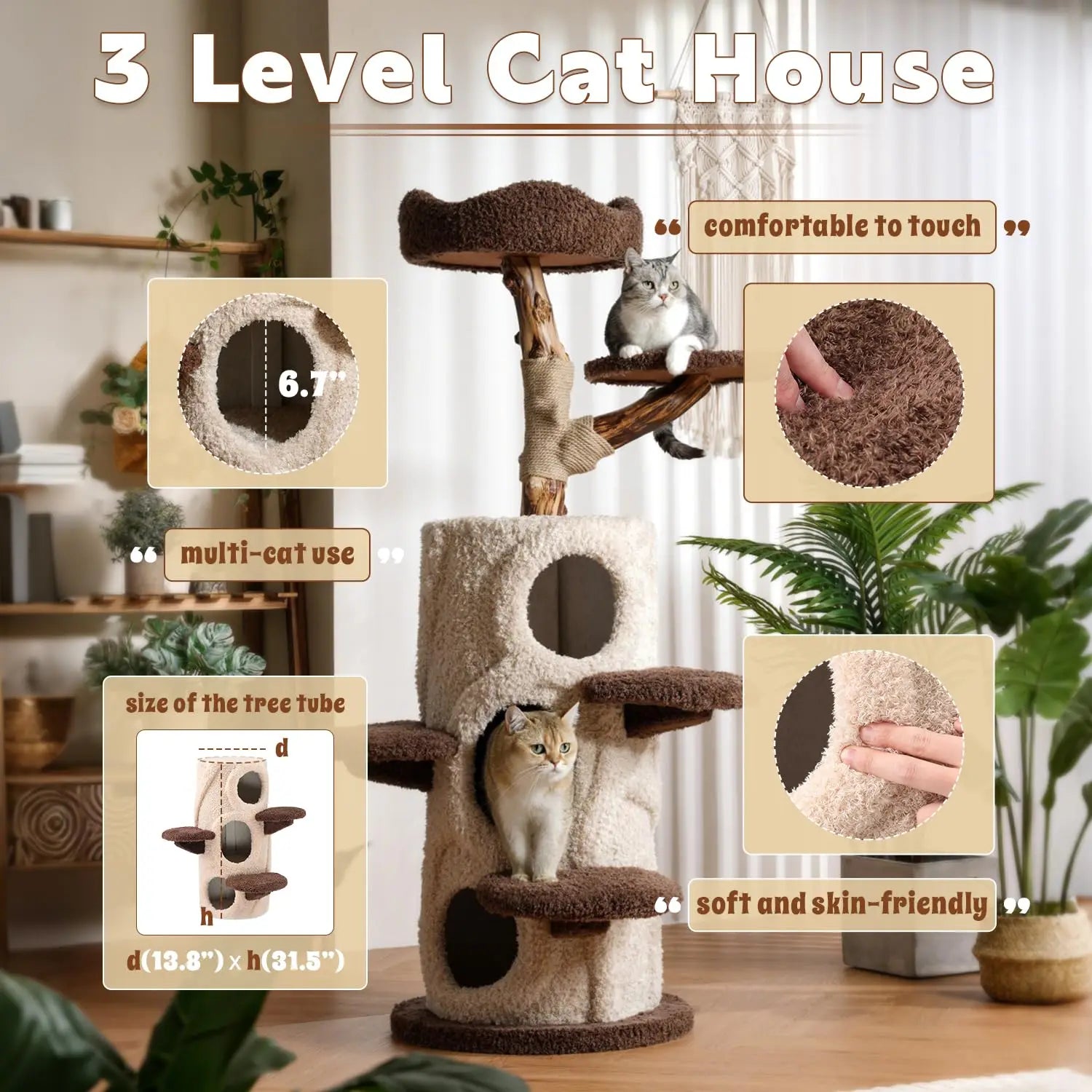 Modern Cat Tree for Indoor Cats,54.7'' Tall Luxury Treehouse Cat Tower with Wood Scratching Posts for Decoration,3, Customized