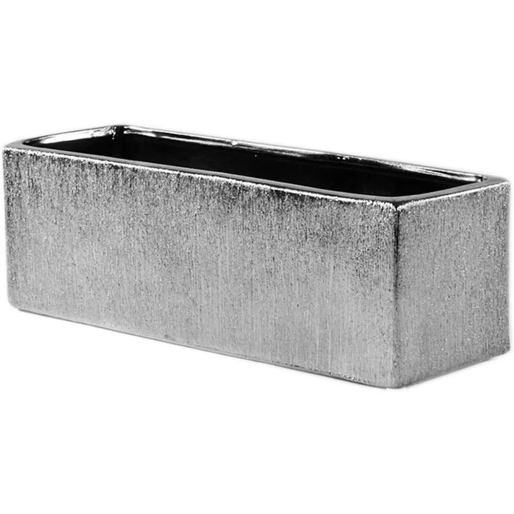 Long Rectangular Silver Etched Ceramic Planter Vase for Flower Arrangements, 12 x 4 x 4, Block Style Terrarium Box Pot, Suitable