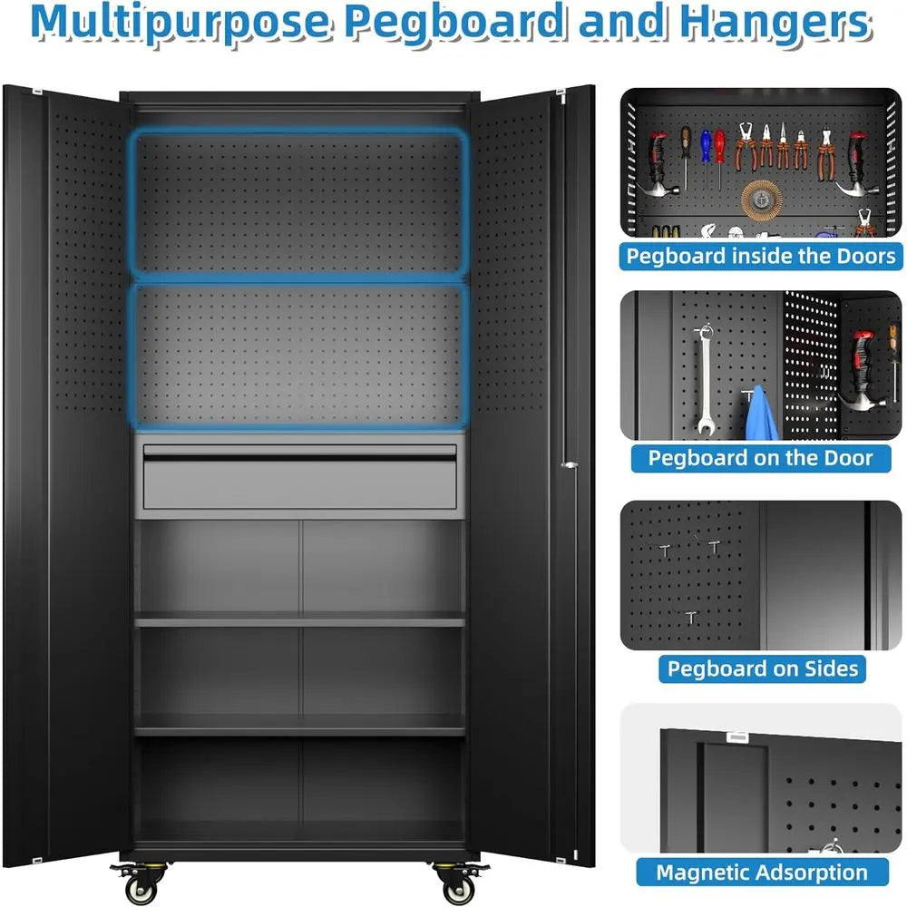 71 Metal Garage Storage Cabinet with 16 Hooks, Pegboards, and Adjustable Shelves, 1 Rolling Tool Cabinet for Garage or Warehouse