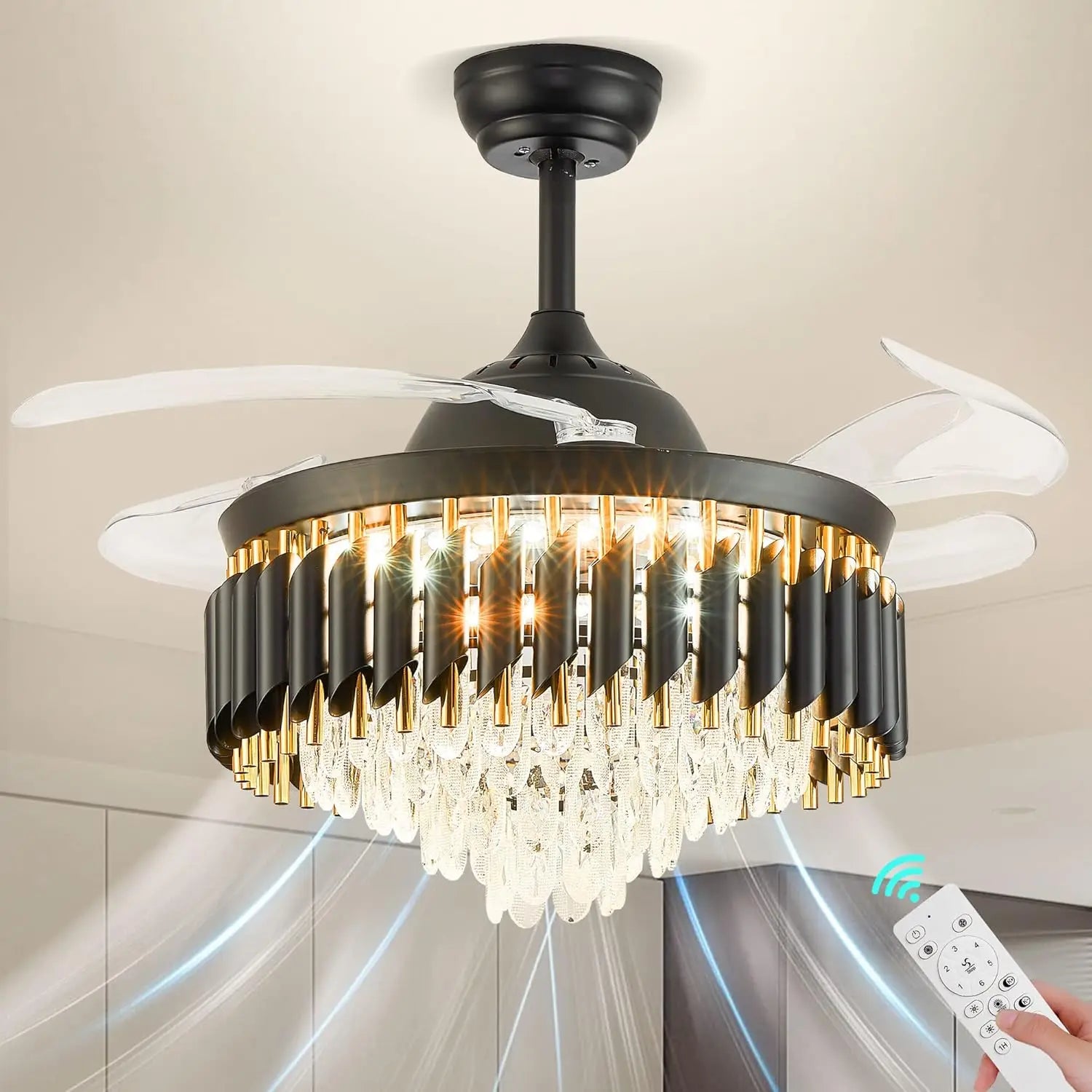 42 Inch Dimmable Crystal Ceiling Fans with Light Modern Chandelier Fan LED Fandelier with Remote 6 Speed, 3 Light Change Retract