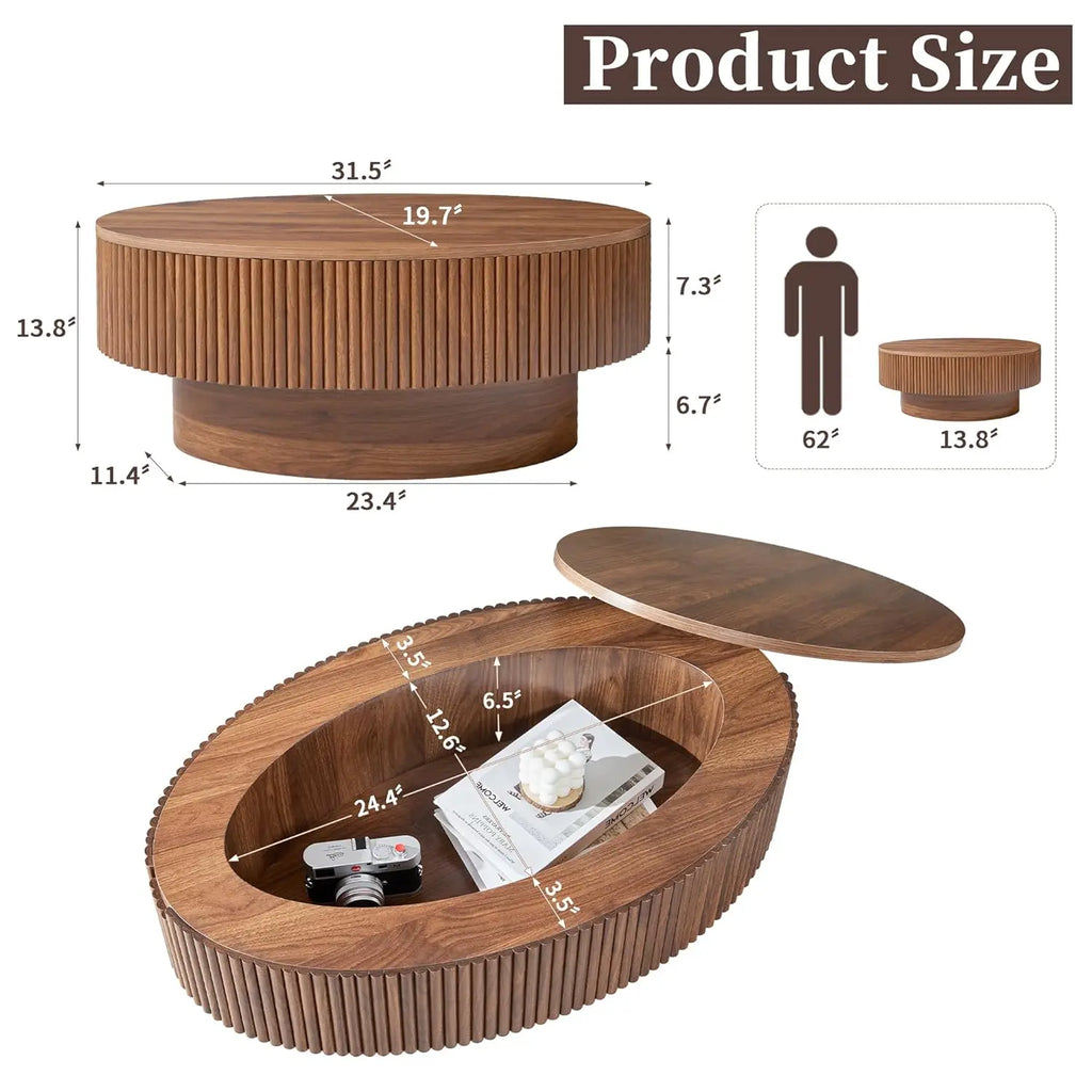 Oval Coffee Table with Hidden Storage, 31.5 Inch Wide Modern Coffee Table, Center Table with Fluted Veneered,, Customized