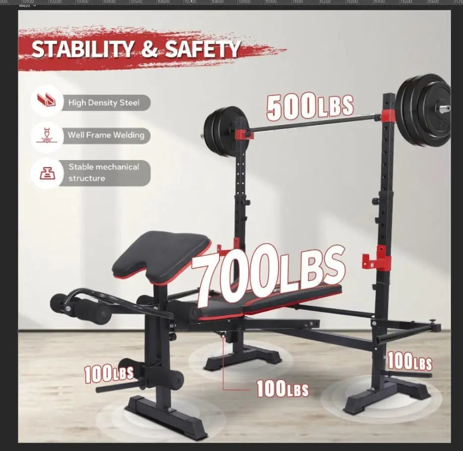 1500LB 6 IN 1 Weight Bench with Leg Extension Leg Curl Foldable Bench Press with Preacher Curl Squat Rack Workout Benches with S