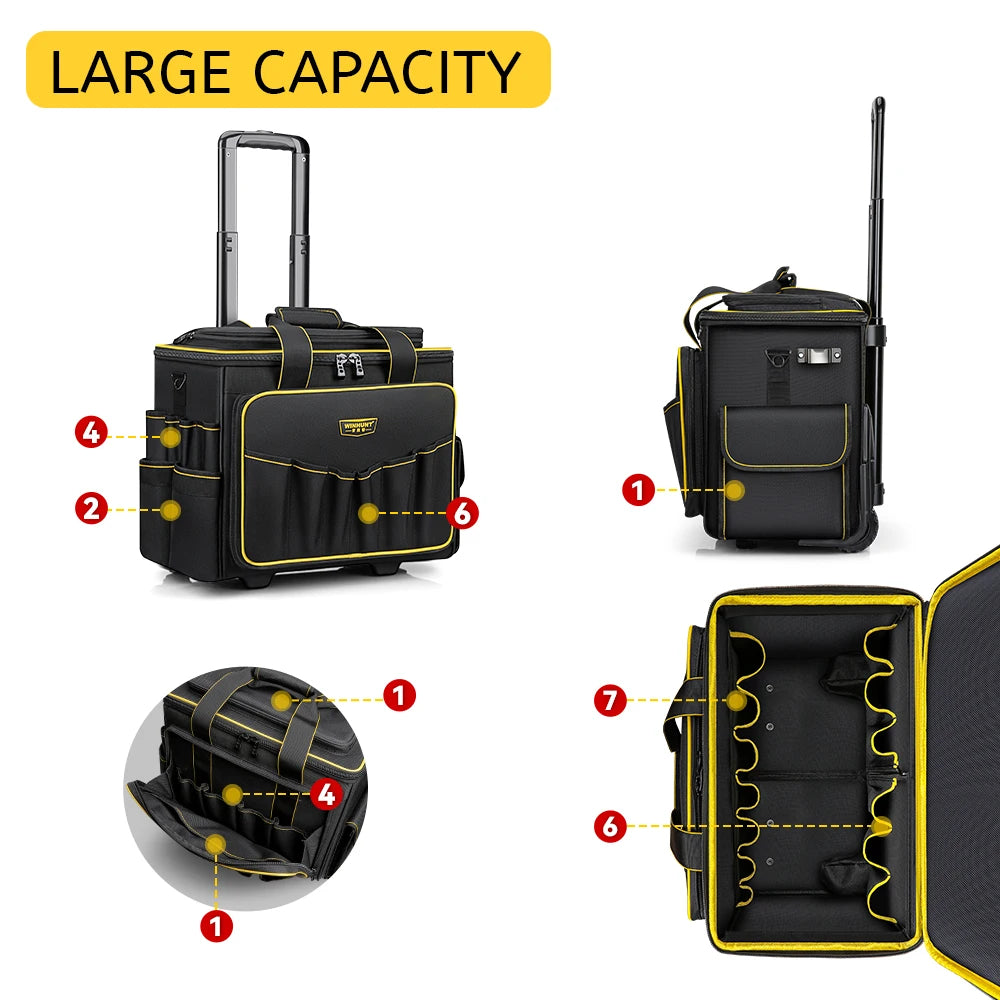 WINNHUNT 18inch Wide Mouth Rolling Tool Bag, 32 Pocket Tool Trolley Bag with Telescopic Handle and 2 Wheels, Black