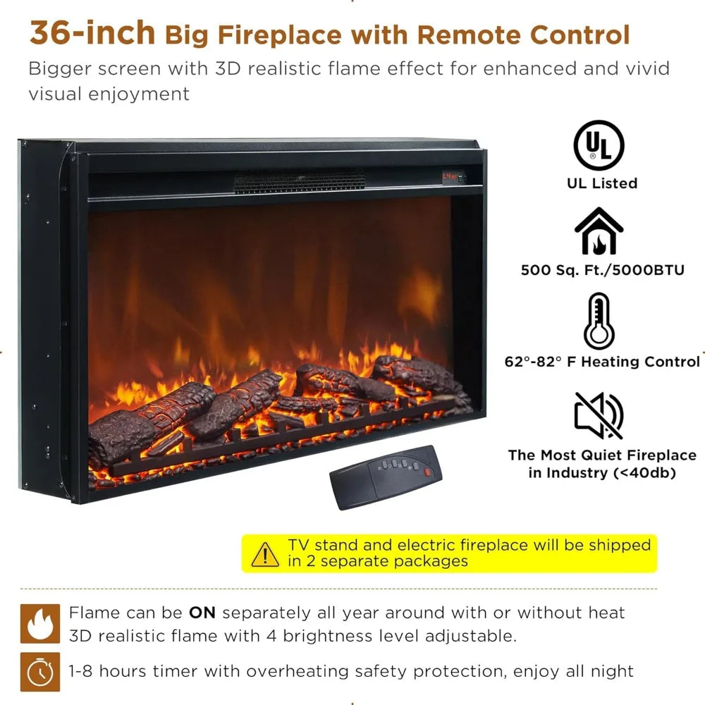 Farmhouse Fireplace TV Stand with 36" Electric Fireplace for 80 Inch TV, 32" Tall Entertainment Center, Modern Media Console, 6