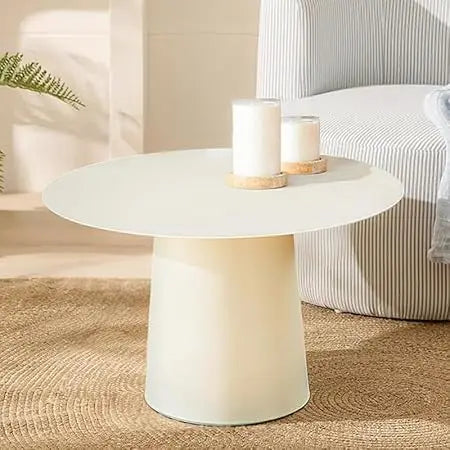 W24 Modern Small Round Coffee Table in White Side Table with Iron for Living Room Bedroom